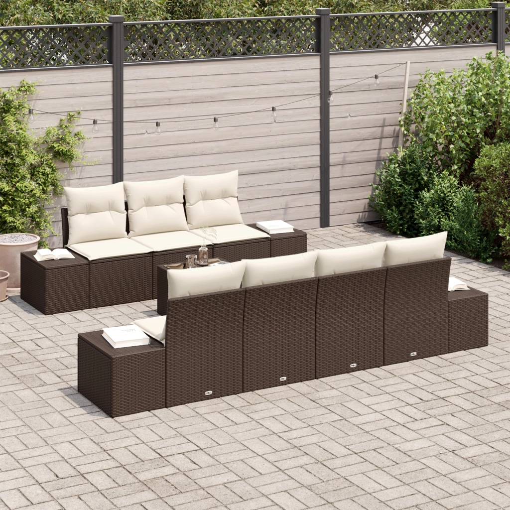Set Divano da Giardino da 8 Pezzi con Cuscini Marrone Polyrattan