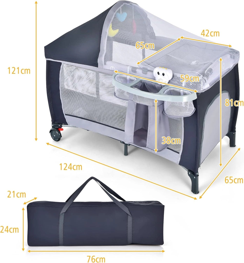 Lettino Campeggio per Bambini, Lettino da Viaggio Pieghevole con Fasciatoio, Culla Lettino per Neonati, con Giocattoli, Zanzariera, Box Portatile con Borsa, per Bambini 0-36 Mesi (Grigio)