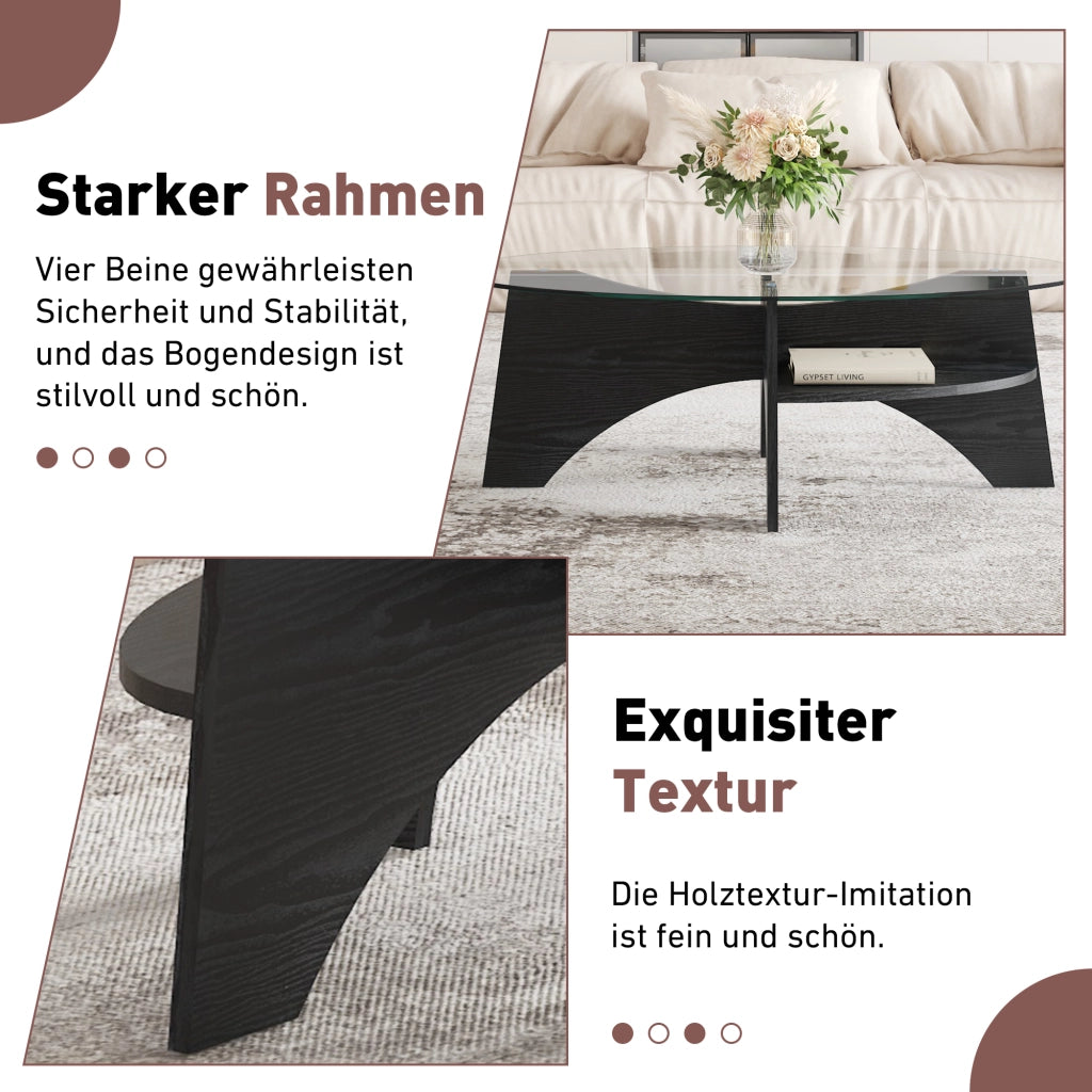 Tavolino da caffè con piano in vetro e base a ventaglio - per soggiorno - 104.9×60×35.6 cm - in MDF e vetro - nero e trasparente