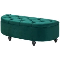 Poggiapiedi con Spazio di Archiviazione, Baule, Imbottito, Coperchio con Chiusura Ammortizzata, Tessuto Effetto Velluto, 120 x 46 x 42 cm, Verde Scuro