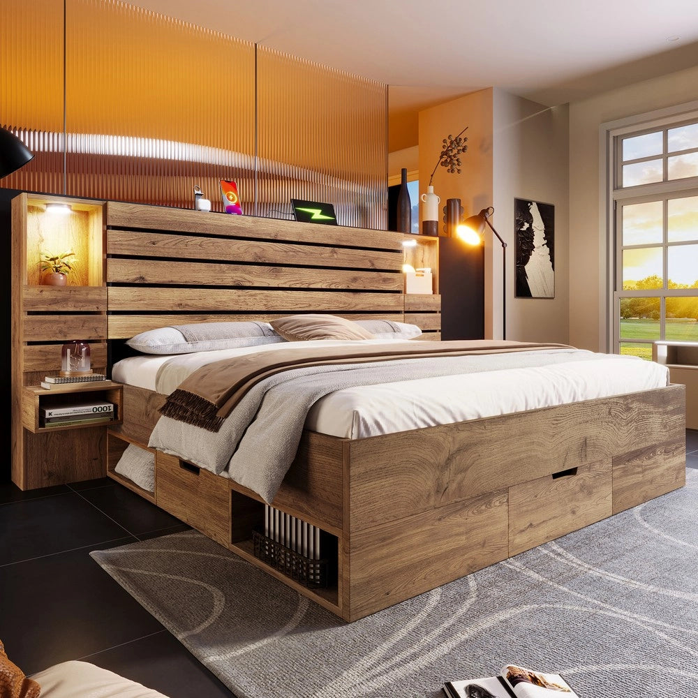 Letto Contenitore Matrimoniale con LED, Cassetti e Comodini Sospesi ¨C MINIMAL ¨C Rovere 180x200