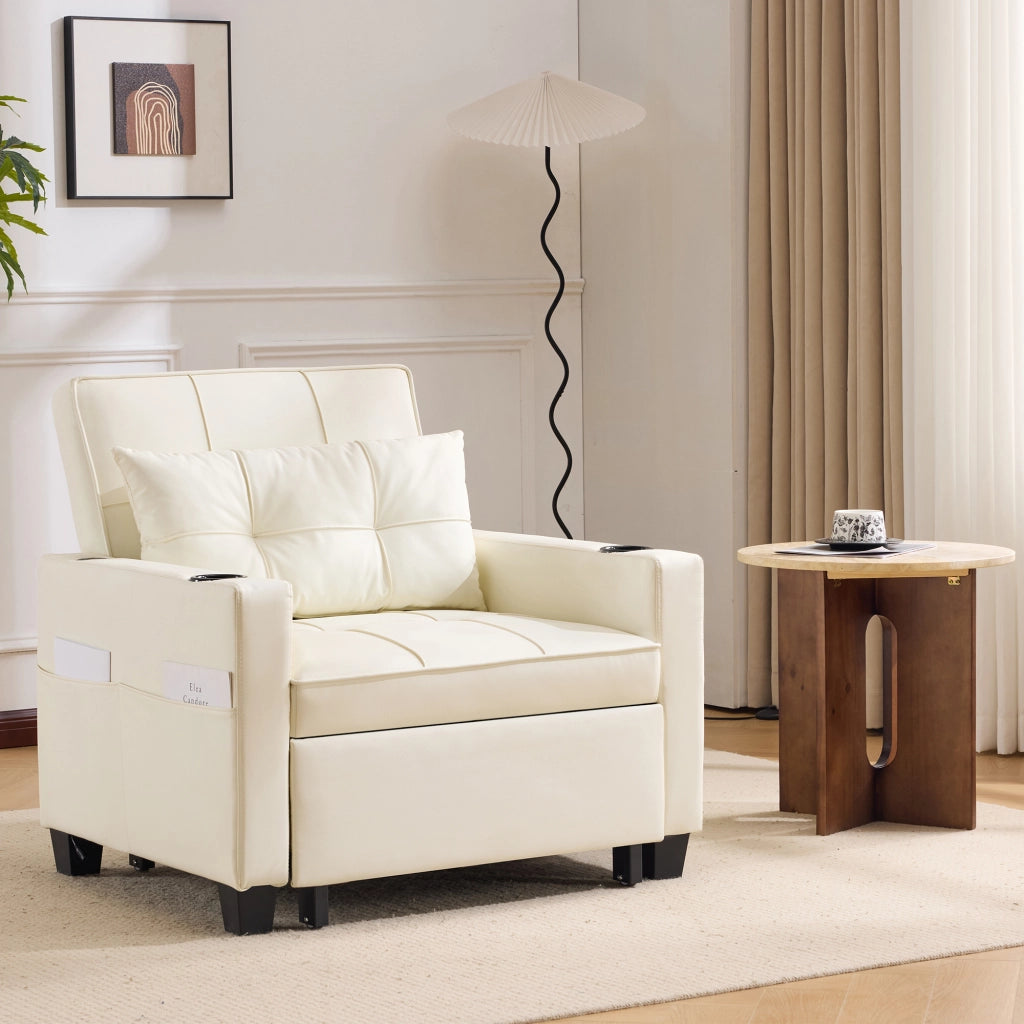 Divano letto singolo 3 in 1 con portabicchieri e tasca laterale in pelle PU bianca legno e metallo per piccoli spazi