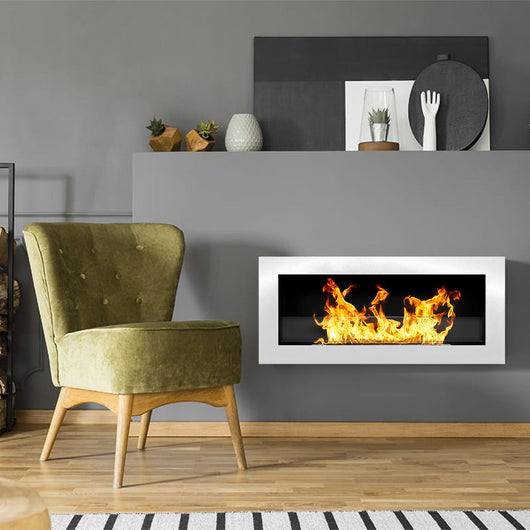 Camino A Bioetanolo da Parete o Incasso 90x12x40 cm Con Vetro Livorno Bianco