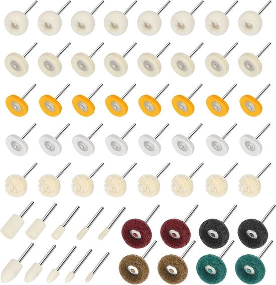 Kit di pulitura per ruote 58 pezzi Testina di diamante con velluto montato Mini pennello di pulitura Kit completo per accessori di tool rotativo Borso con diametro 3 mm 1/8 pollici Schiuma abrasiva per gioielli e legno