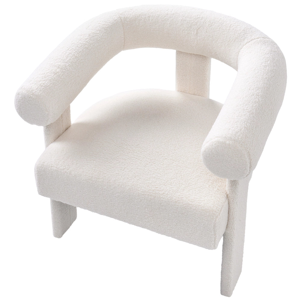 Poltrona bianco sporco con rivestimento in bouclé design retrò gambe in legno per soggiorno