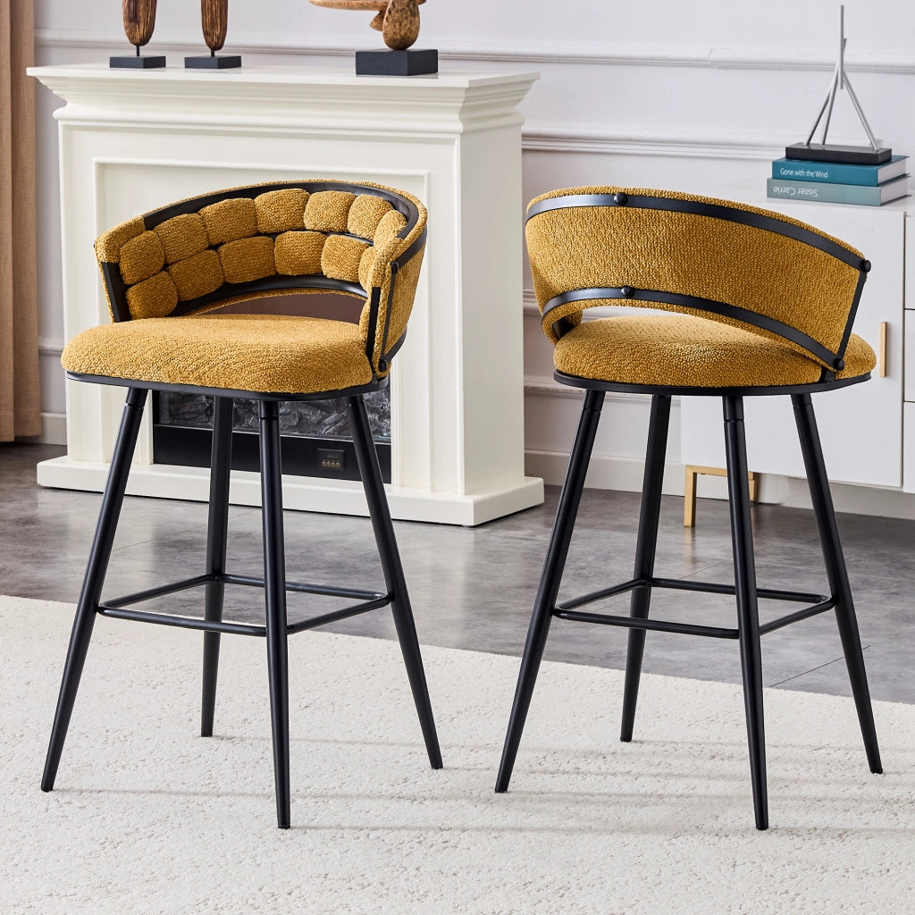 Set di 2 Sgabelli da Bar con Schienale Intrecciato e Poggiapiedi; per Cucina e Isola; Velluto e Metallo; Giallo e Nero