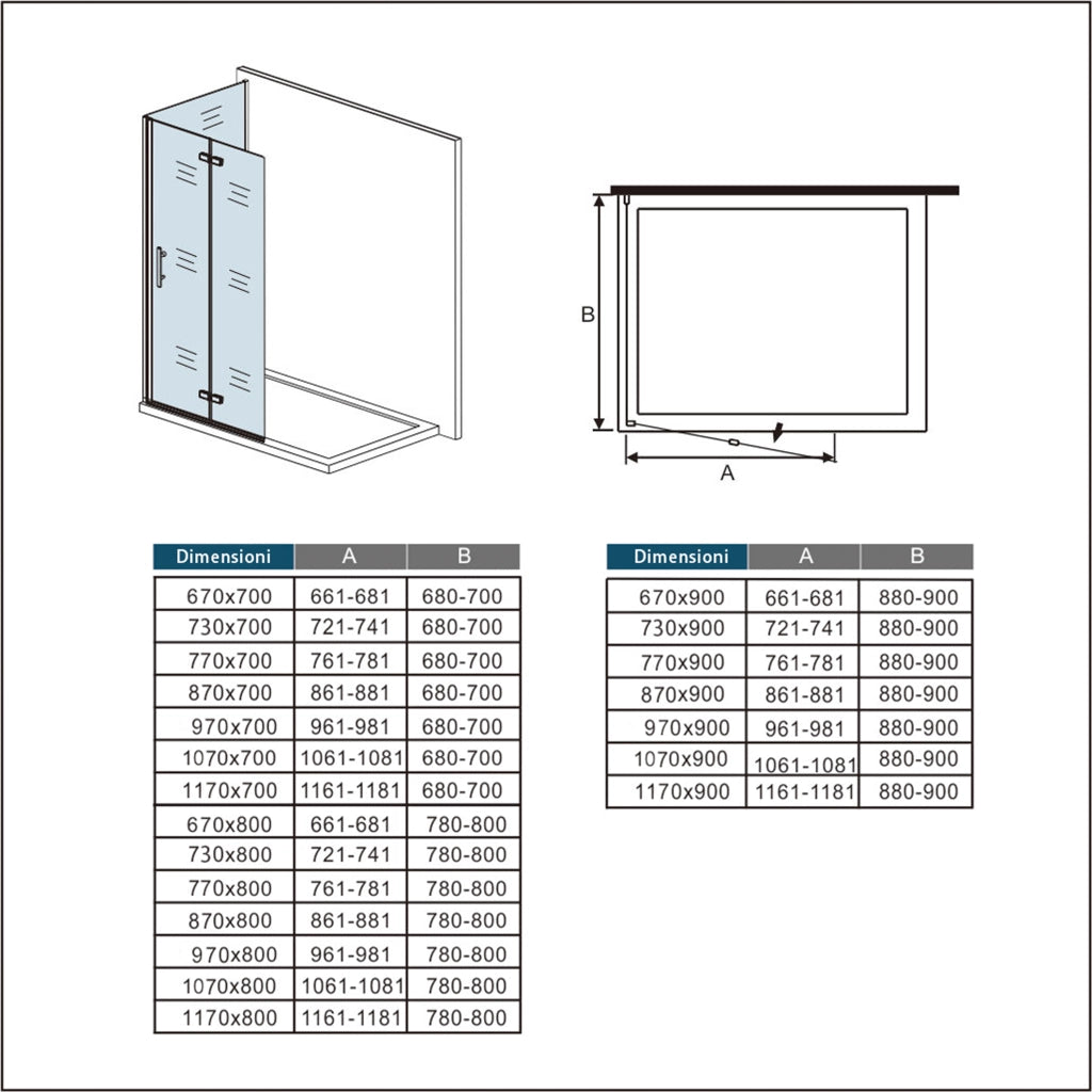 185 cm Box Doccia Walk In  Parete Fissa 90 cm + Porta Pieghevole 97 cm Vetro da 6 mm Temperato Anticalcare Barra Stabilizzatrice 45 cm Cromo Lucido