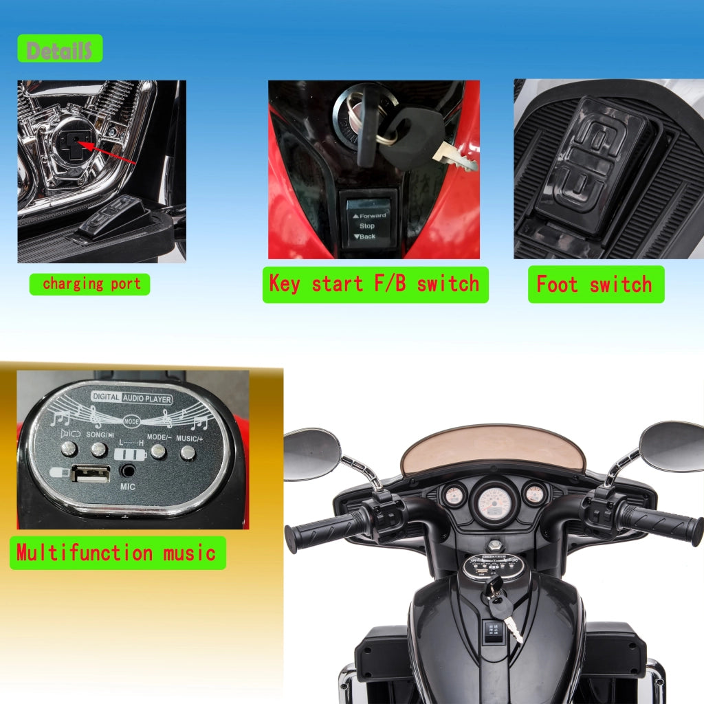 Motocicletta Giocattolo Elettrica per Bambini ¨C zephmum ¨C 3 Ruote, Accensione a Chiave, Fari, Contenitore