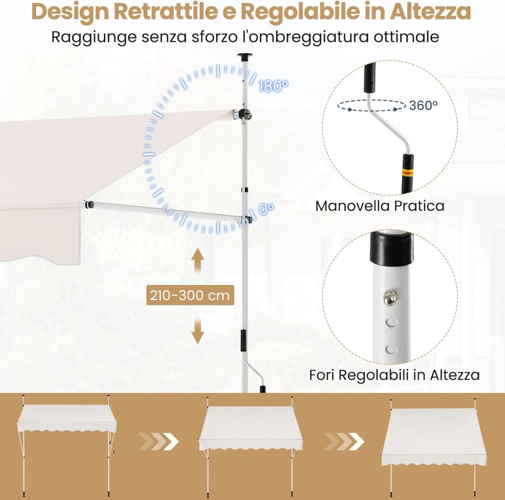 Tenda da Sole a Morsetto, Regolabile in Altezza e Inclinazione con Manovella, Telo Impermeabile e Resistente ai Raggi Solari e Telaio Antiruggine, Tenda Retrattile Senza Foratura (2,5M,Bianco)