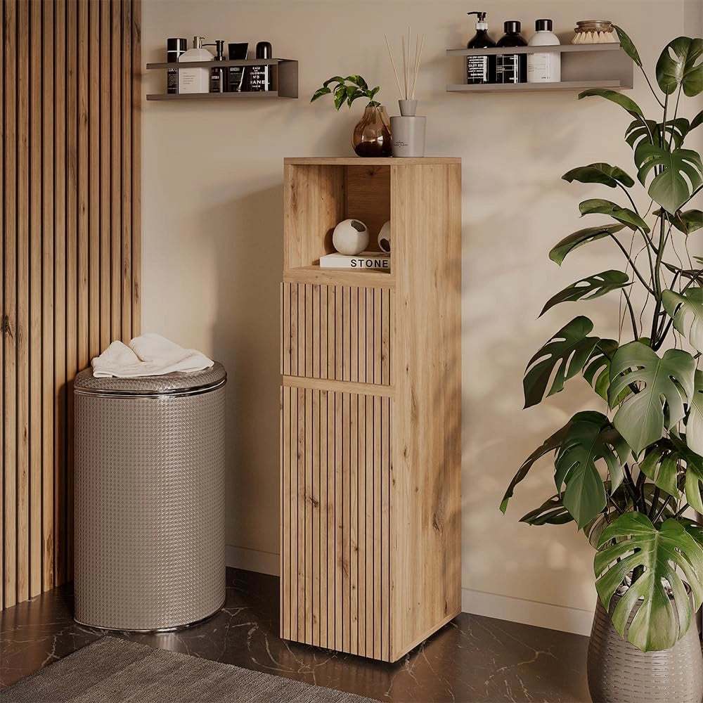 mobiletto bagno Takumi, Artigiano, 30 x 112.6 cm con cassetto e anta, per la conservazione e l'organizzazione degli accessori da bagno