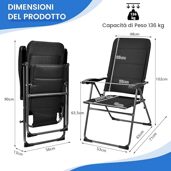 Set di 2 Sedie da Giardino, Poltrona Reclinabile da Giardino con Schienale Regolabili a 7 Posizioni, Sedia Pieghevole Imbottite per Giardino,Spiaggia, Portata 136 kg