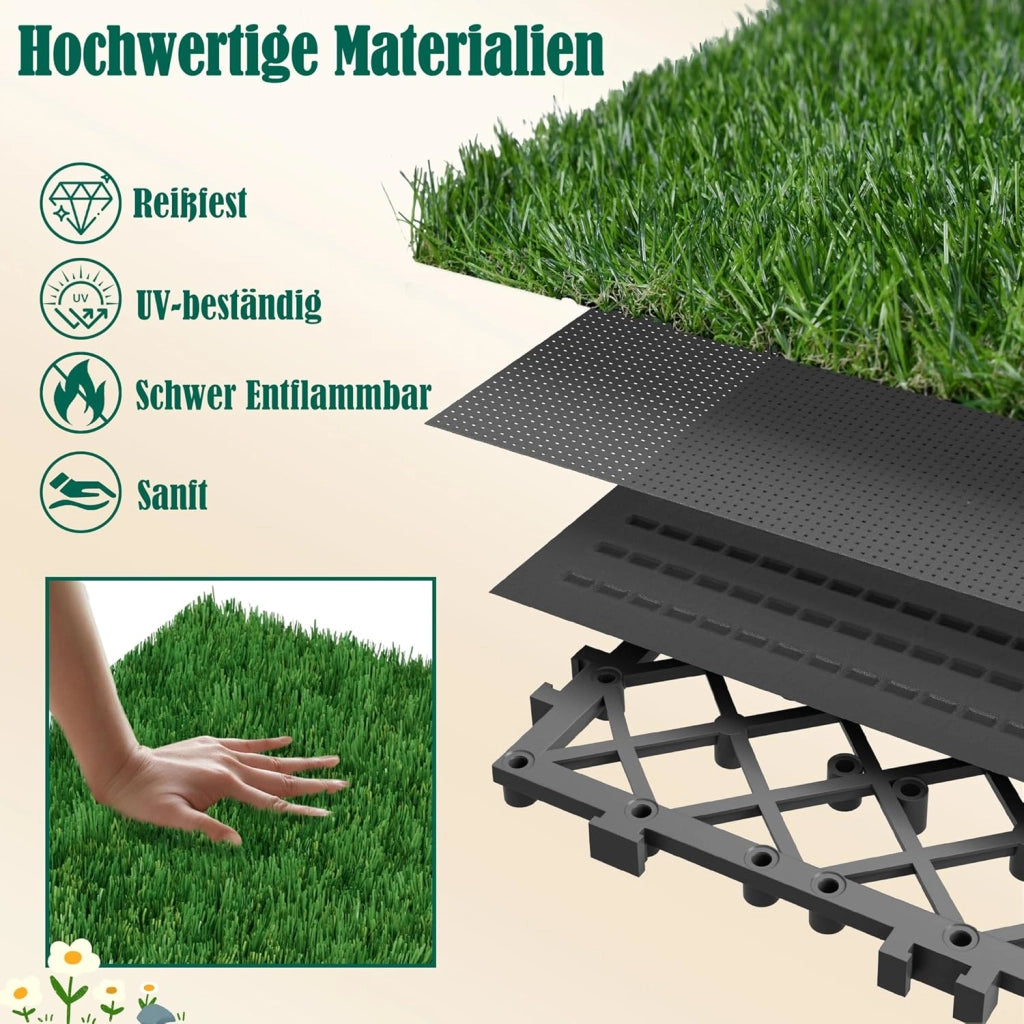Piastrelle per prato artificiale, 30 x 30 cm, per balconi, terrazze, balcone, resistente alle intemperie, con funzione di drenaggio, in plastica artificiale, set da 55 pezzi