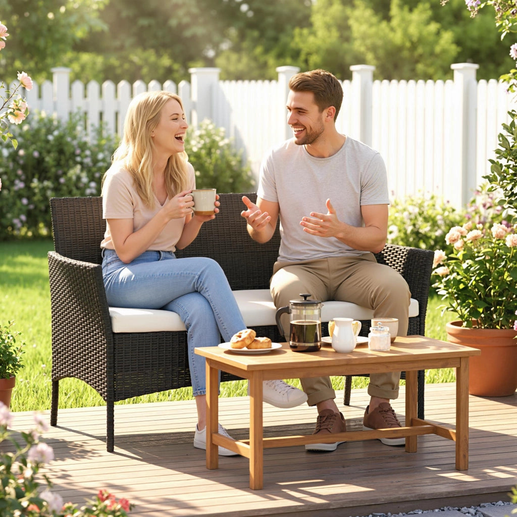 Divano da Giardino a 2 Posti con Cuscino e Braccioli in Rattan PE e Acciaio, 107x55x80cm, Nero