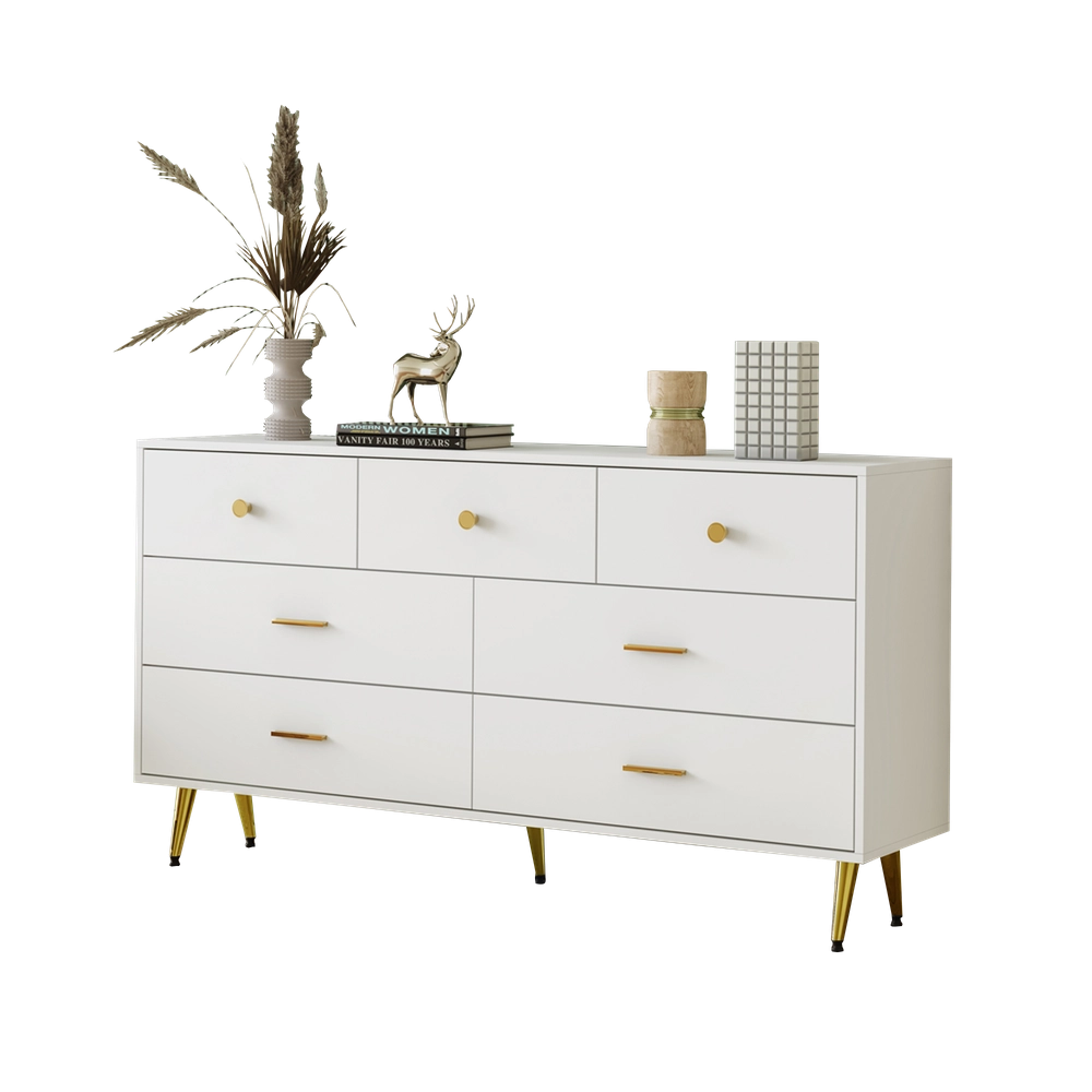 Credenza con Cassetti Bianca ¨C MINIMAL ¨C 7 cassetti, gambe e maniglie oro, 140x35x76 cm