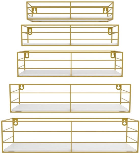 Set di 5 pannelli per parete, pannelli galleggianti con stecchi metallici dorati e tavola di legno bianco, pannelli per parete moderni per cucina, bagno, camera da letto, soggiorno e ufficio (rettangolare)