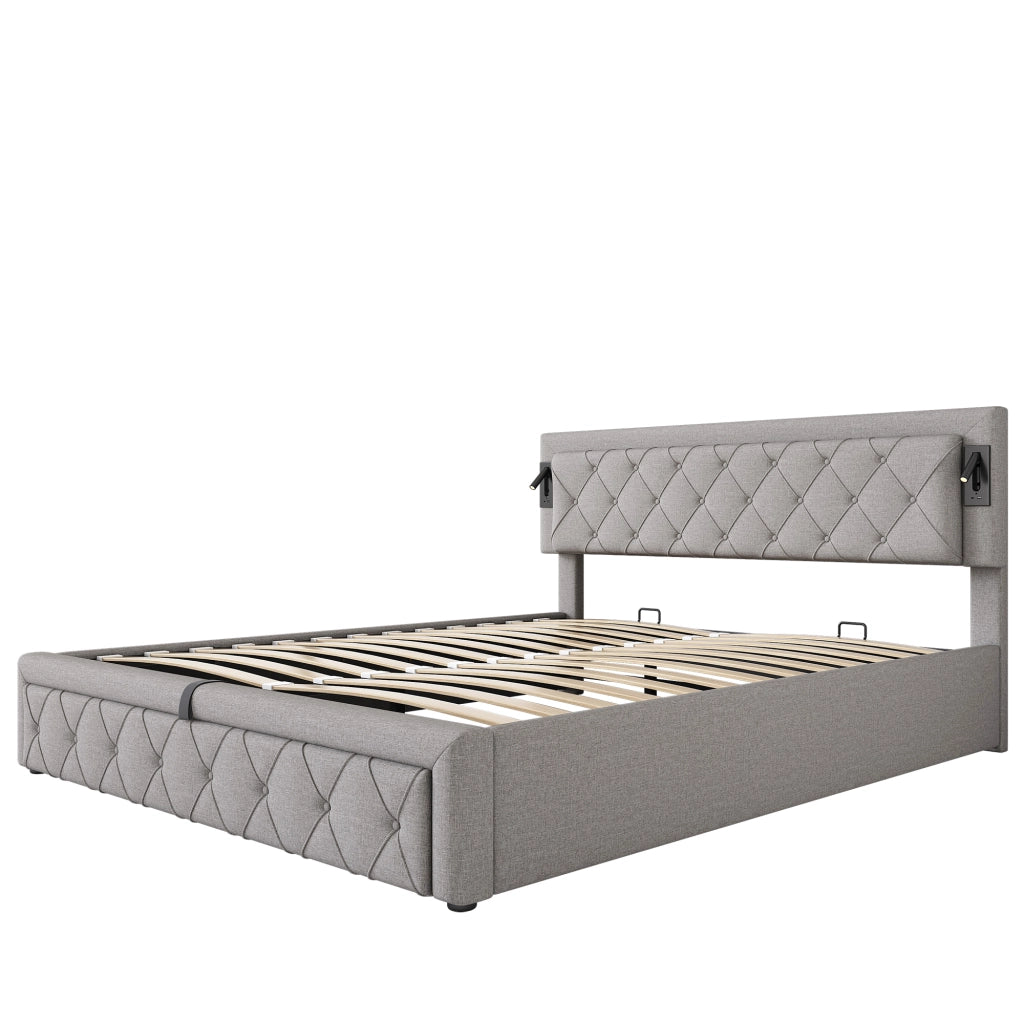 Letti contenitori 180x200 cm; LED e porte USB; lino grigio