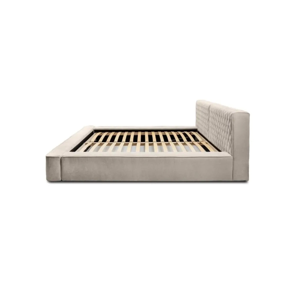 Lit coffre VERNON – Tessuto ciniglia bouclé Sabbia rosata – 140x200 cm – Rete sollevabile – Design di alta gamma
