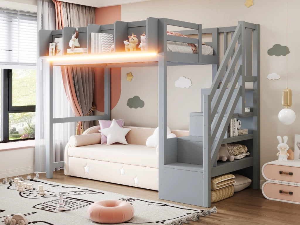 Letto a soppalco 90 × 200 cm con barriera di sicurezza, ripiani e LED, senza materasso, in legno grigio
