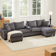 Divano a U in velluto a coste grigio con 2 pouf contenitore; LED; USB e Type-C HOMVRA