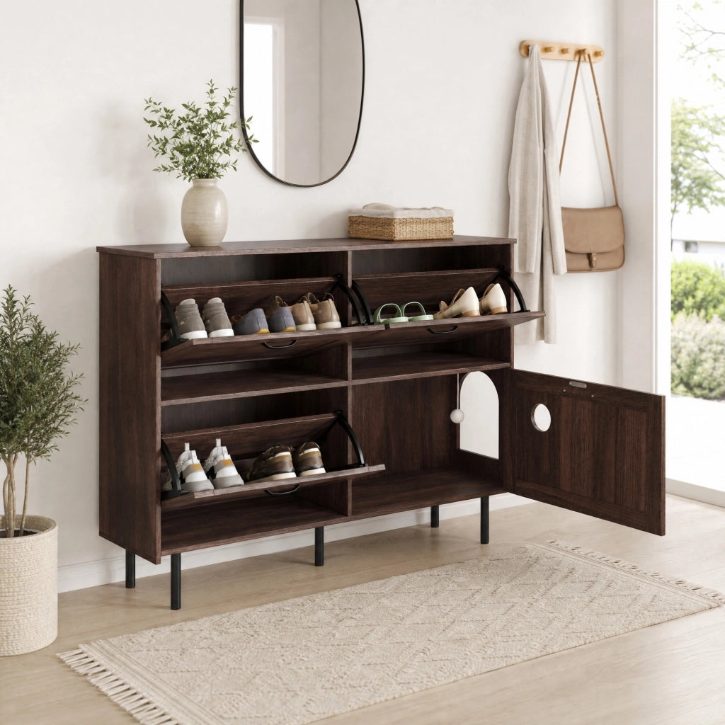 Scarpiera salvaspazio con 4 ante, 3 ribalte per 7¨C9 paia di scarpe, con gioco integrato per gatti, finitura Natural Walnut