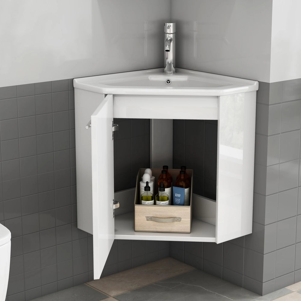 Mobiletto angolare per bagno con lavabo ¨C Minimal ¨C bianco lucido, 60x60x85 cm