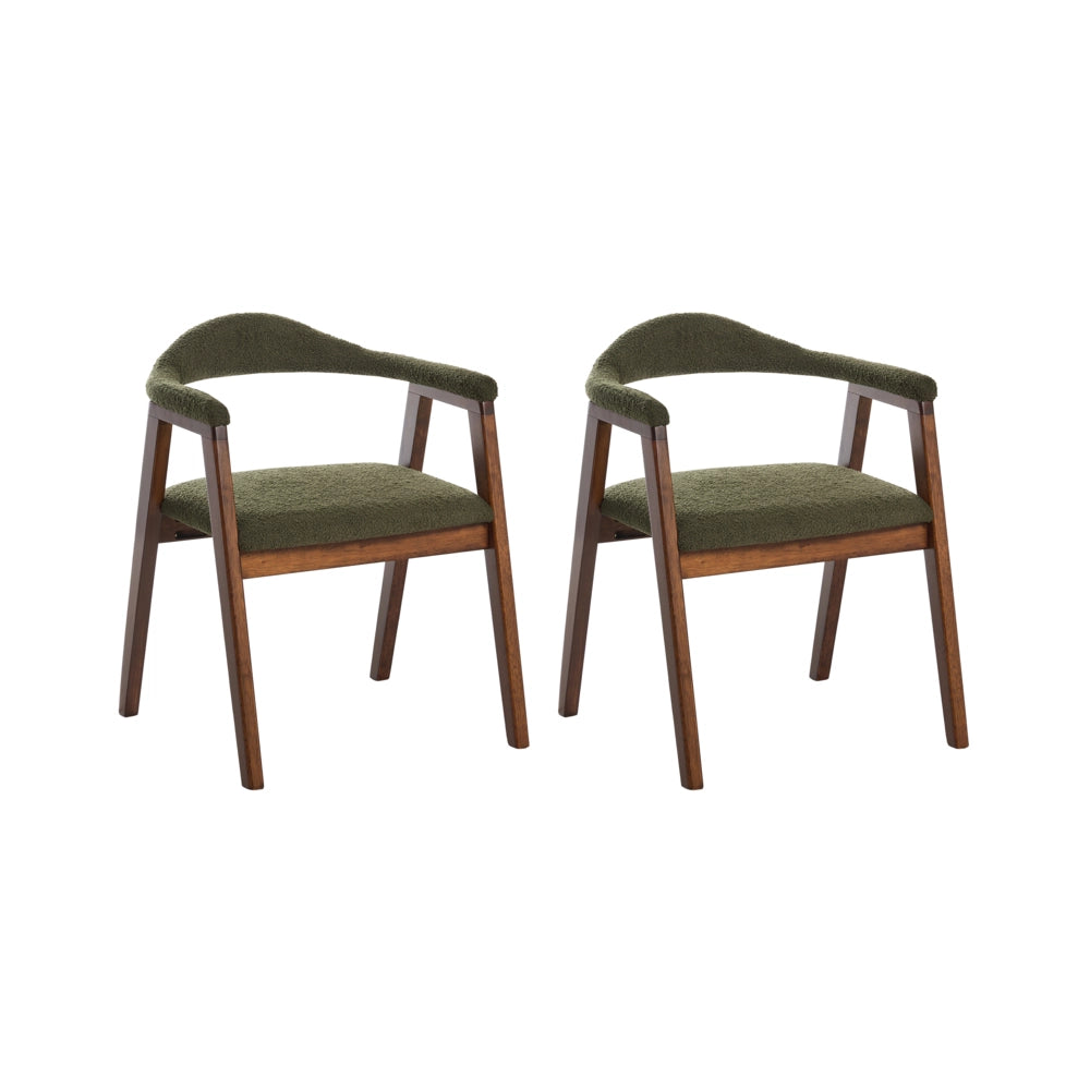 Set di 2 sedie da pranzo con seduta e schienale imbottiti verdi, rivestimento in bouclé, poliestere, struttura in legno di gomma color marrone, stile retrò, per sala da pranzo.