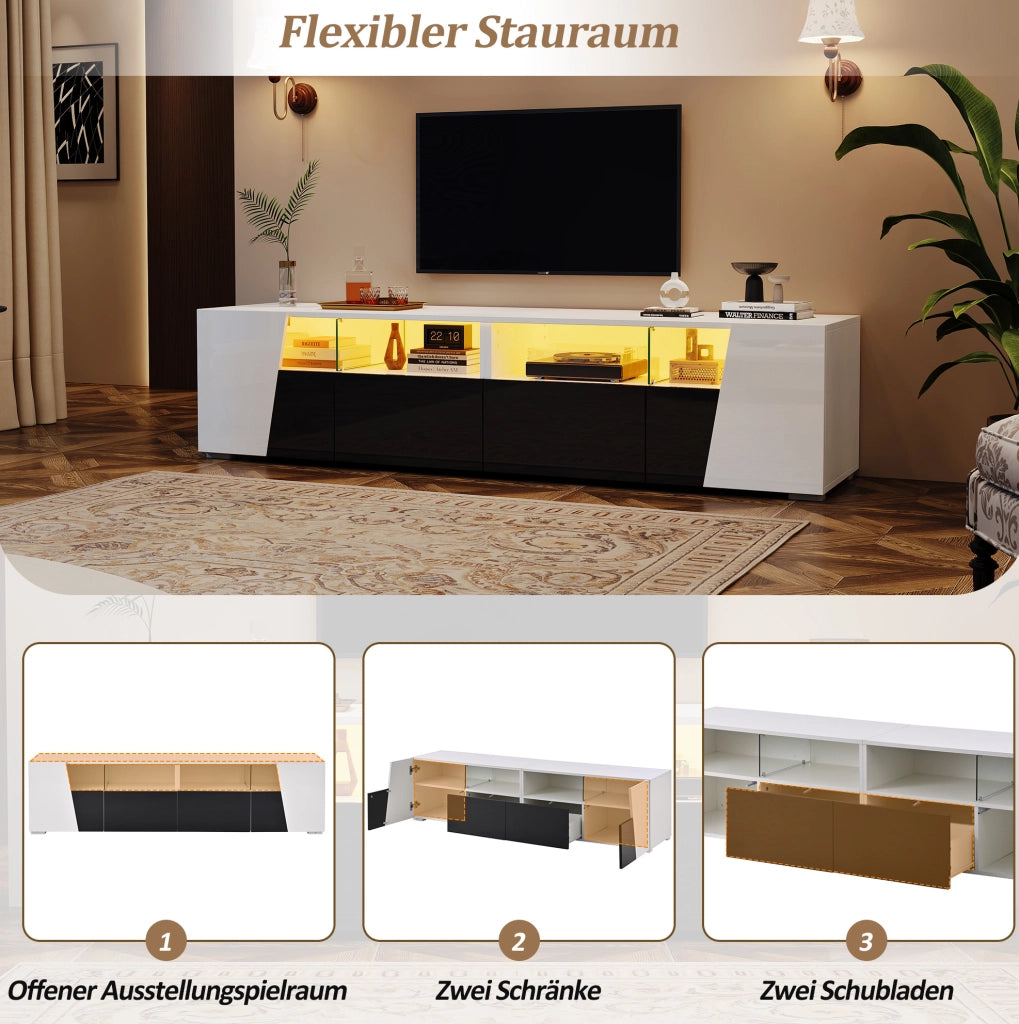 Mobile TV sospeso LED 180 cm bianco e nero con 2 cassetti e 2 ante