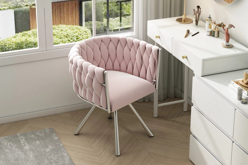 Sedia girevole in velluto rosa con struttura in acciaio, seduta imbottita e schienale ergonomico