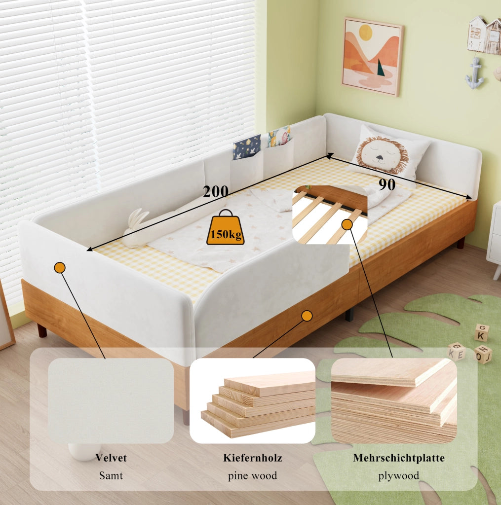 Letto singolo imbottito per bambini in velluto 90x200 cm