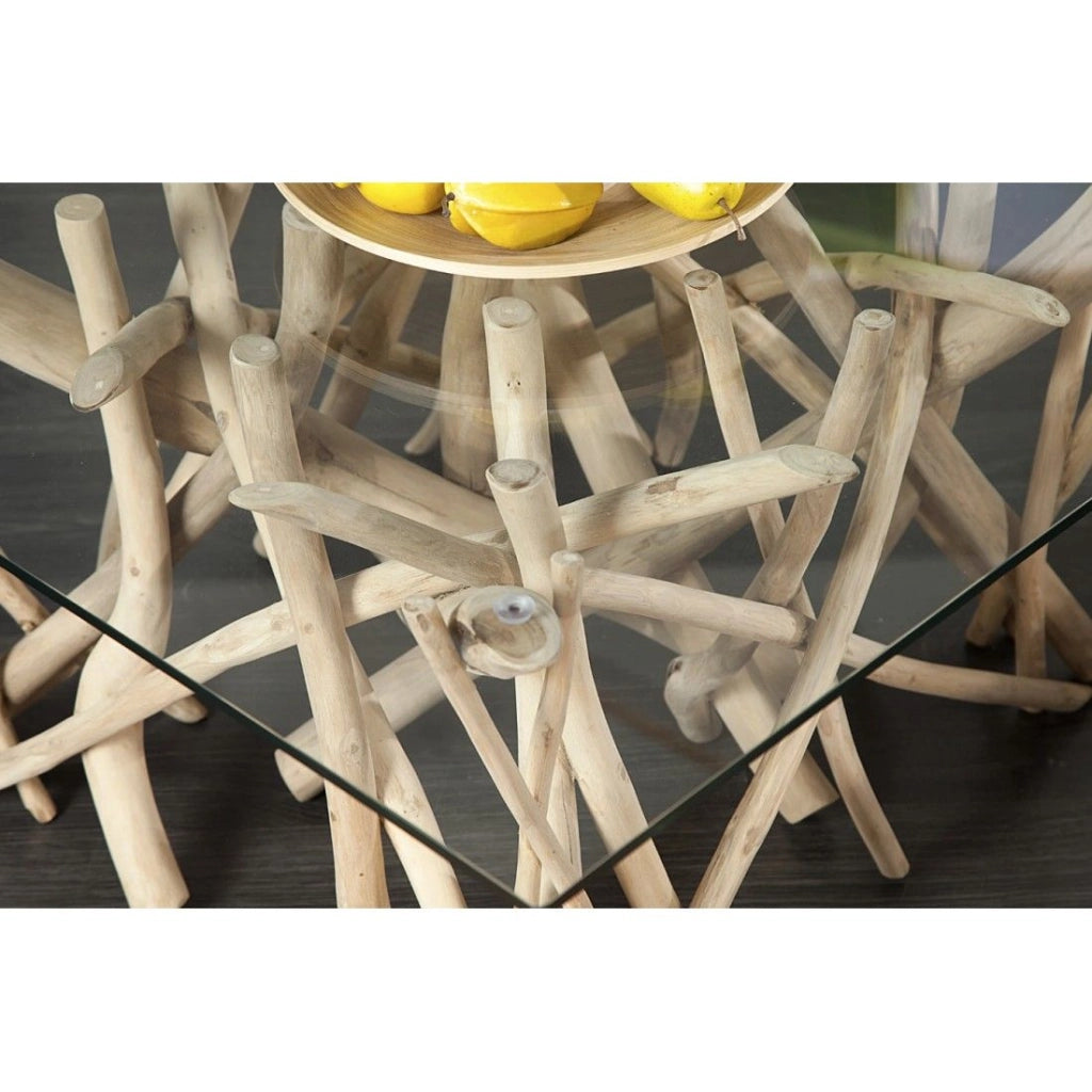Tavolino basso WOODEN quadrato 80 cm – Tavolino design in legno di galleggiamento e vetro temperato