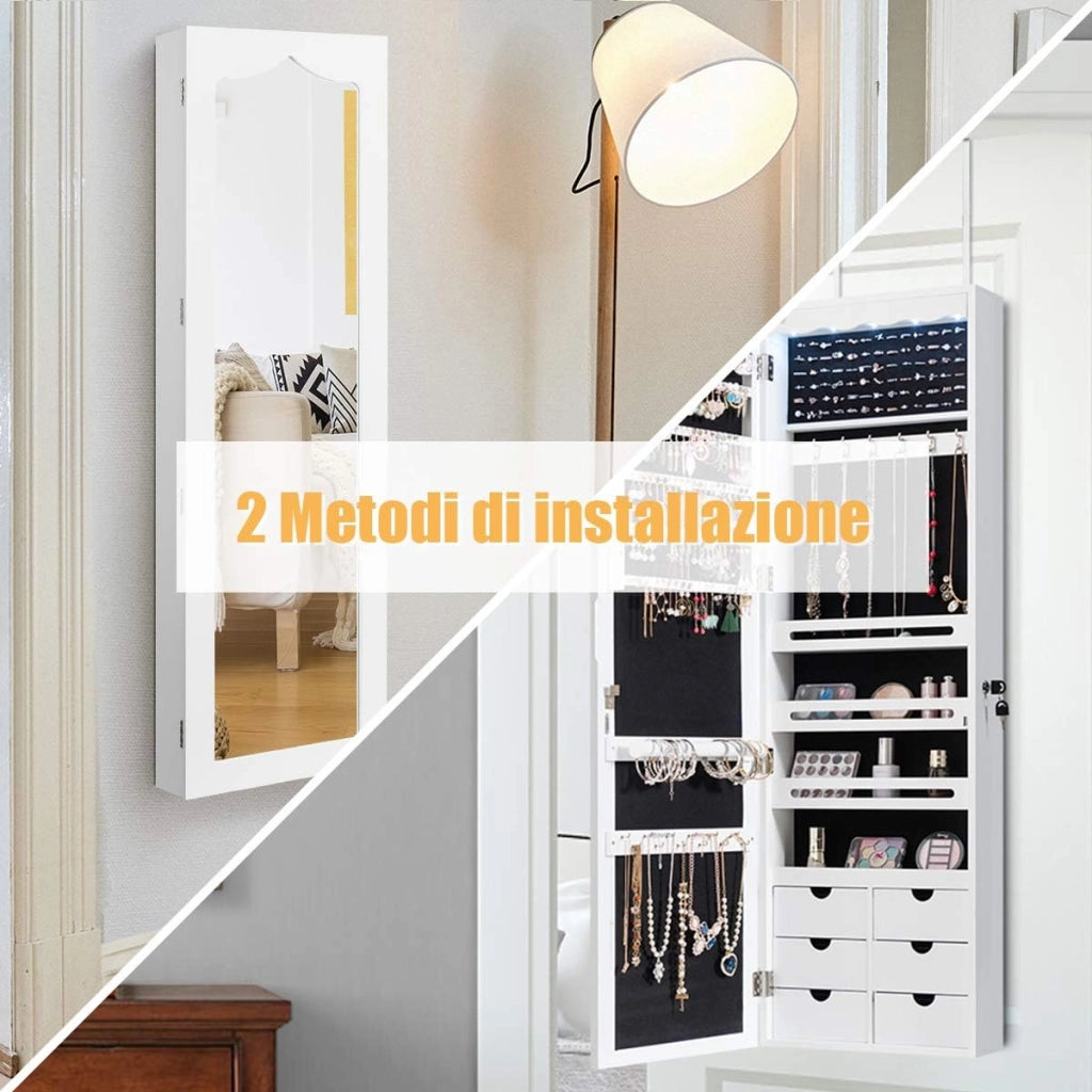 Armadio portagioielli con 5 Luci LED, Porta che Si Chiude, Armadio Portagioielli Montato a Muro con Specchio e 6 Cassetti, Organizer Gioielli con Tanto Spazio per Ragazze (Bianco)