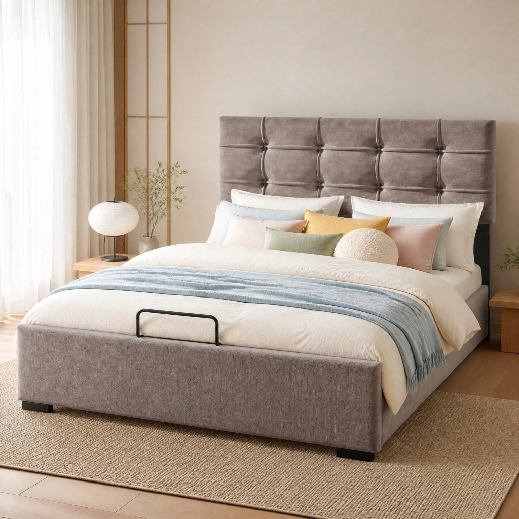 Letto imbottito 90x200 cm in velluto grigio chiaro con contenitore e testiera regolabile