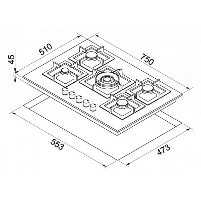 Piani cottura da incasso elleci Plano 75 TCC 5 fuochi Metaltek 79 Grigio Aluminium PMSP75179CS