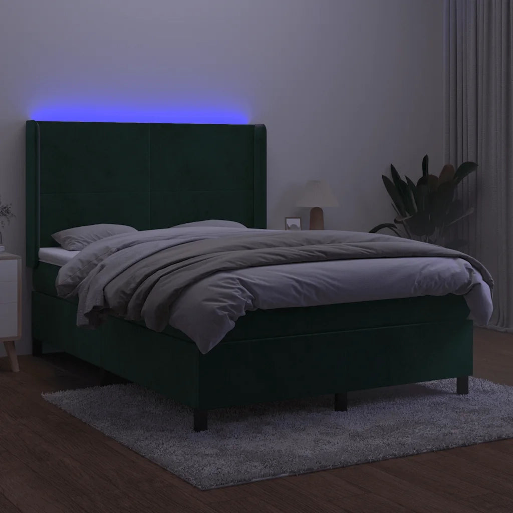 Letto a Molle con Materasso e LED Verde Scuro 140x190cm Velluto 3139442