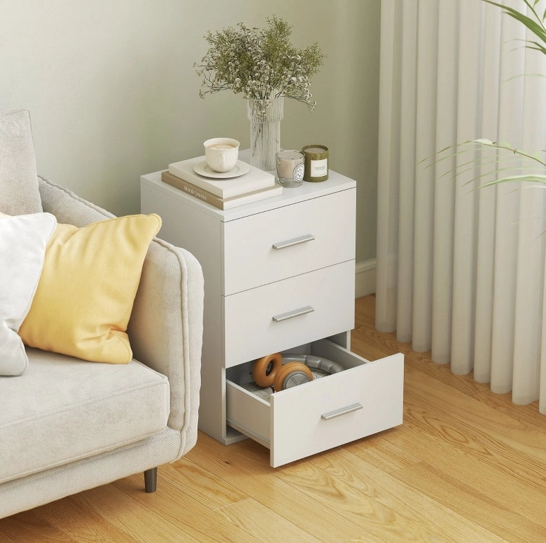 Comodino bianco in MDF con 3 cassetti, mobiletto versatile per camera da letto 40x35x60 cm