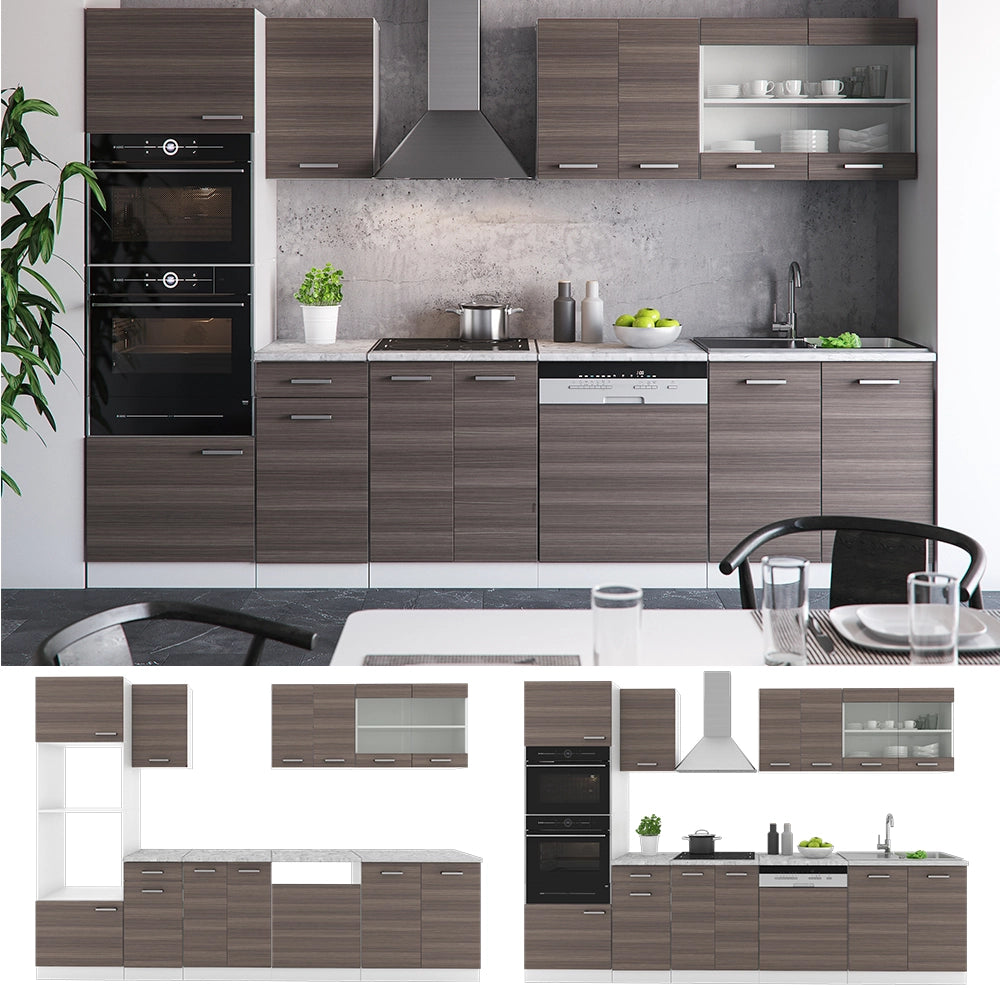 Vicco Cucina componibile Grigio prezioso/bianco 300 cm con armadio alto, PL Marmo