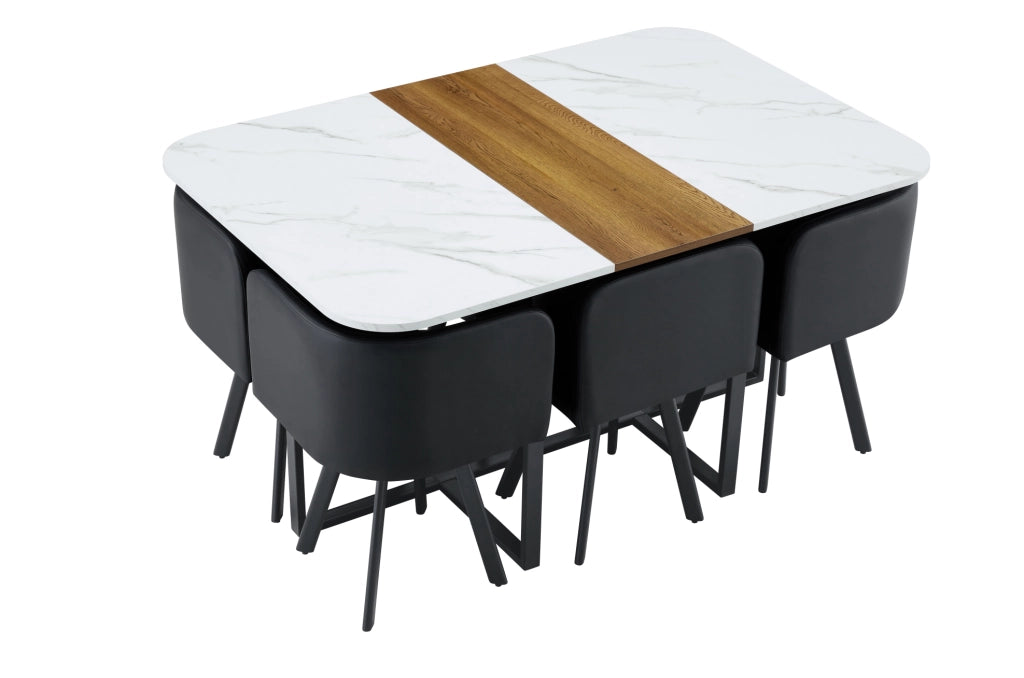 Set tavolo da pranzo 7 pezzi bianco e legno, 6 sedie in PU, struttura nera