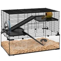 Gabbia per Criceti a 3 Livelli con Base in Vetro Temperato, Ruota e Accessori, 76.5x48.5x54.5 cm, Nero