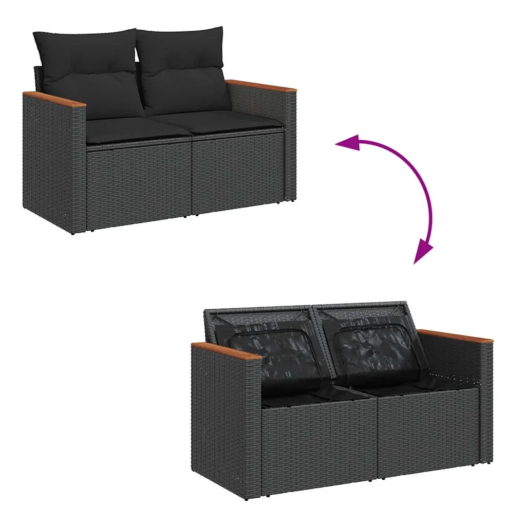 Set Divani da Giardino 9 pz con Cuscini Nero Polyrattan Acacia