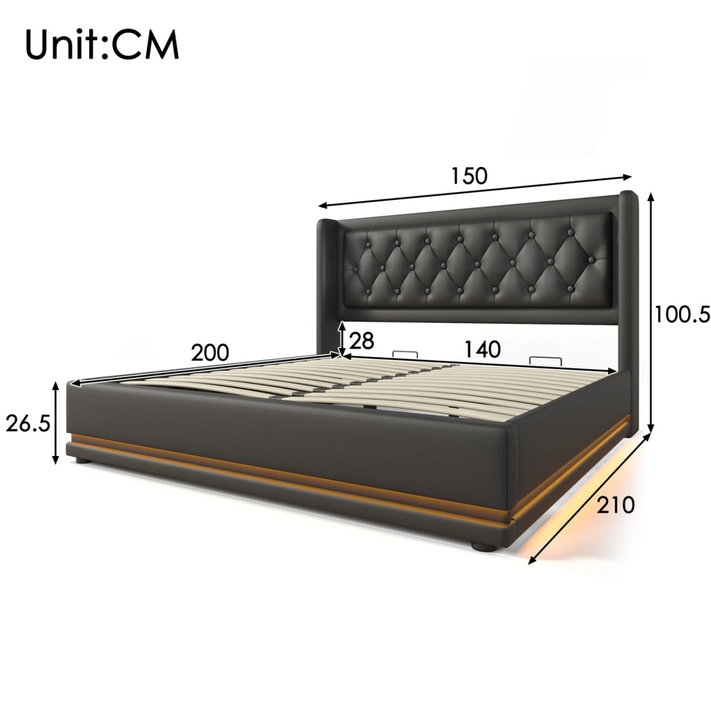 Letto matrimoniale con contenitore, LED e ricarica USB Type-C