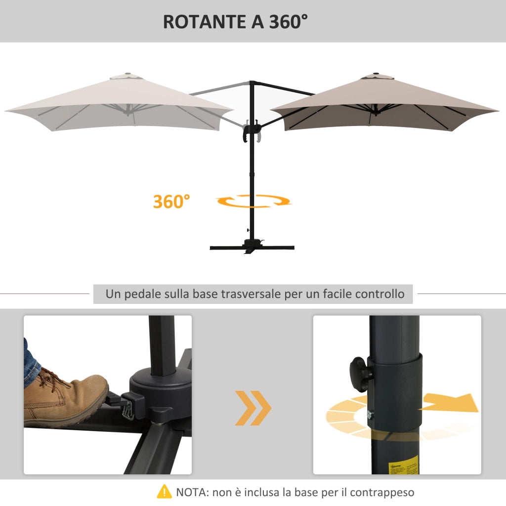 Ombrellone da Giardino Decentrato 3x3 m 8 Stecche Pedale e Manovella in Alluminio e Poliestere Cachi