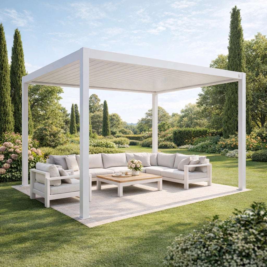 Pergola Gazebo Bioclimatica 3X4 Metri Con Tetto A Lamelle Orientabili Sistema Di Drenaggio Struttura In Acciaio E Alluminio Resistente Ai Raggi UV Per Giardino Terrazza E Piscina Bianco Opaco