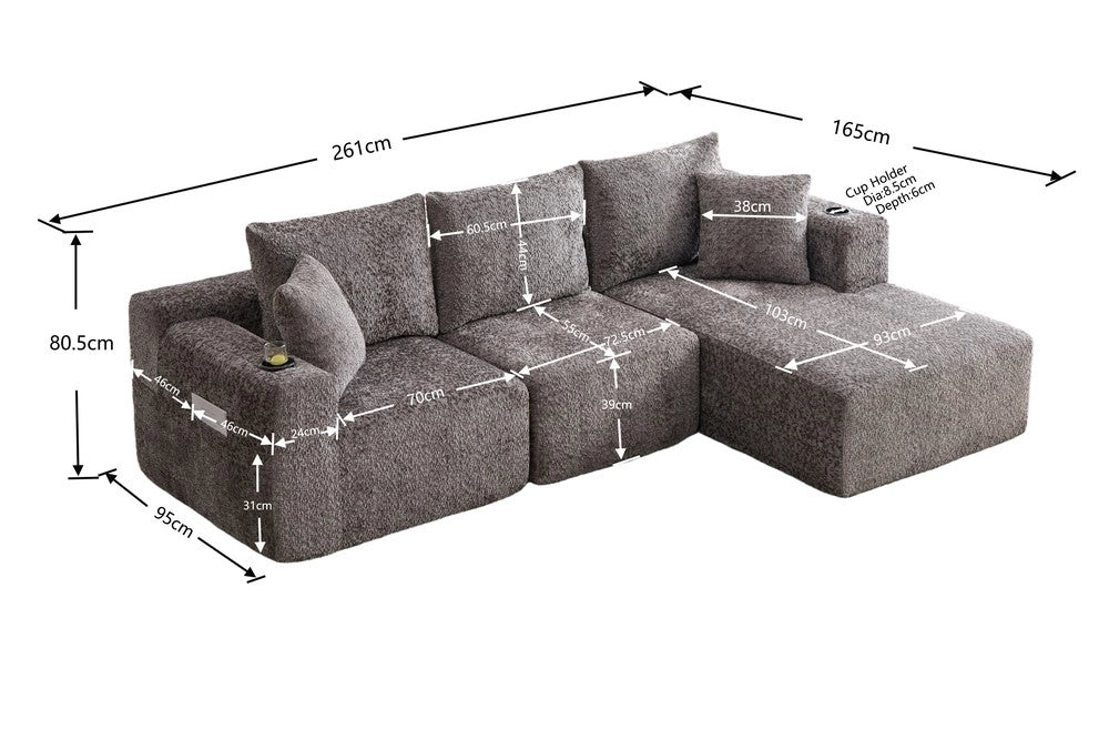 Divano Angolare Modulare 3 Posti ¨C Xylo ¨C Grigio, Chaise Longue, 261x165x80