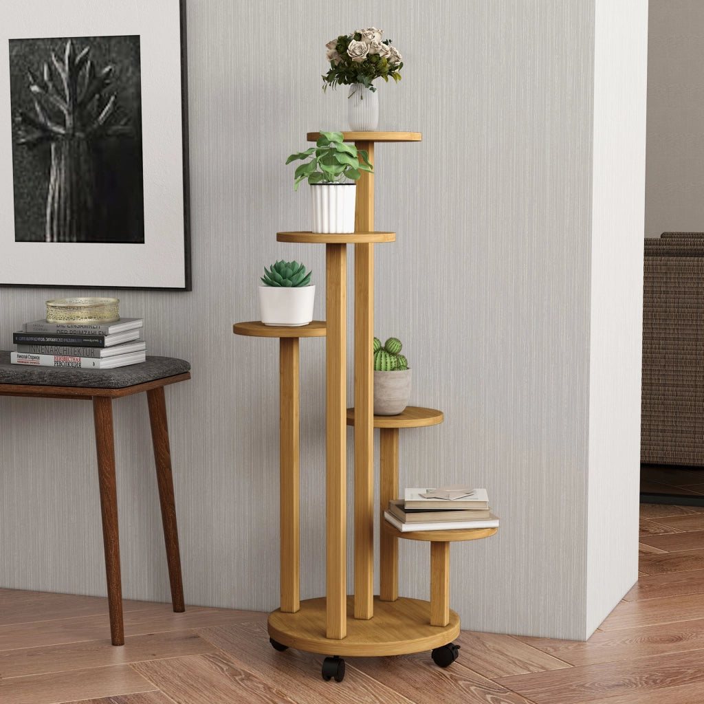 Tavolo per piante in bamb¨´ con ruote 5 livelli ¨C zephmum ¨C 33x33x90 cm