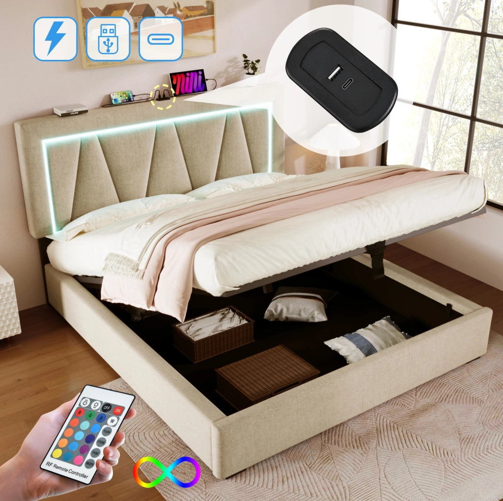 Letto matrimoniale 140x200 beige con LED, USB-C e contenitore