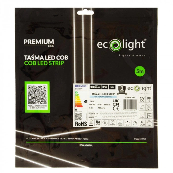 Striscia LED COB 480 9W/m 12V 6000K IP67 5m Ecolight