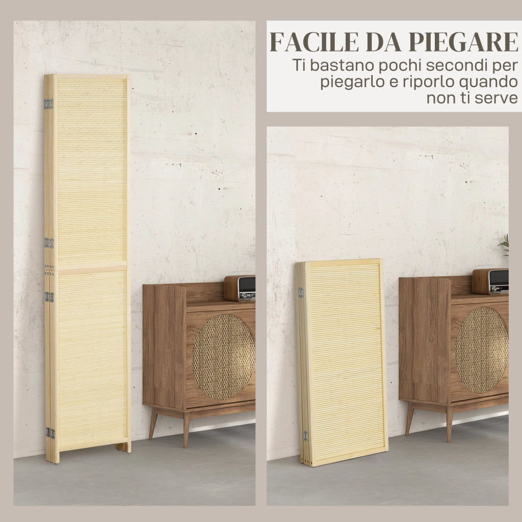 Paravento per Interno Pieghevole a 4 Ante. Divisorio in Bamb¨´ di Rattan. 180x1.6x180 cm