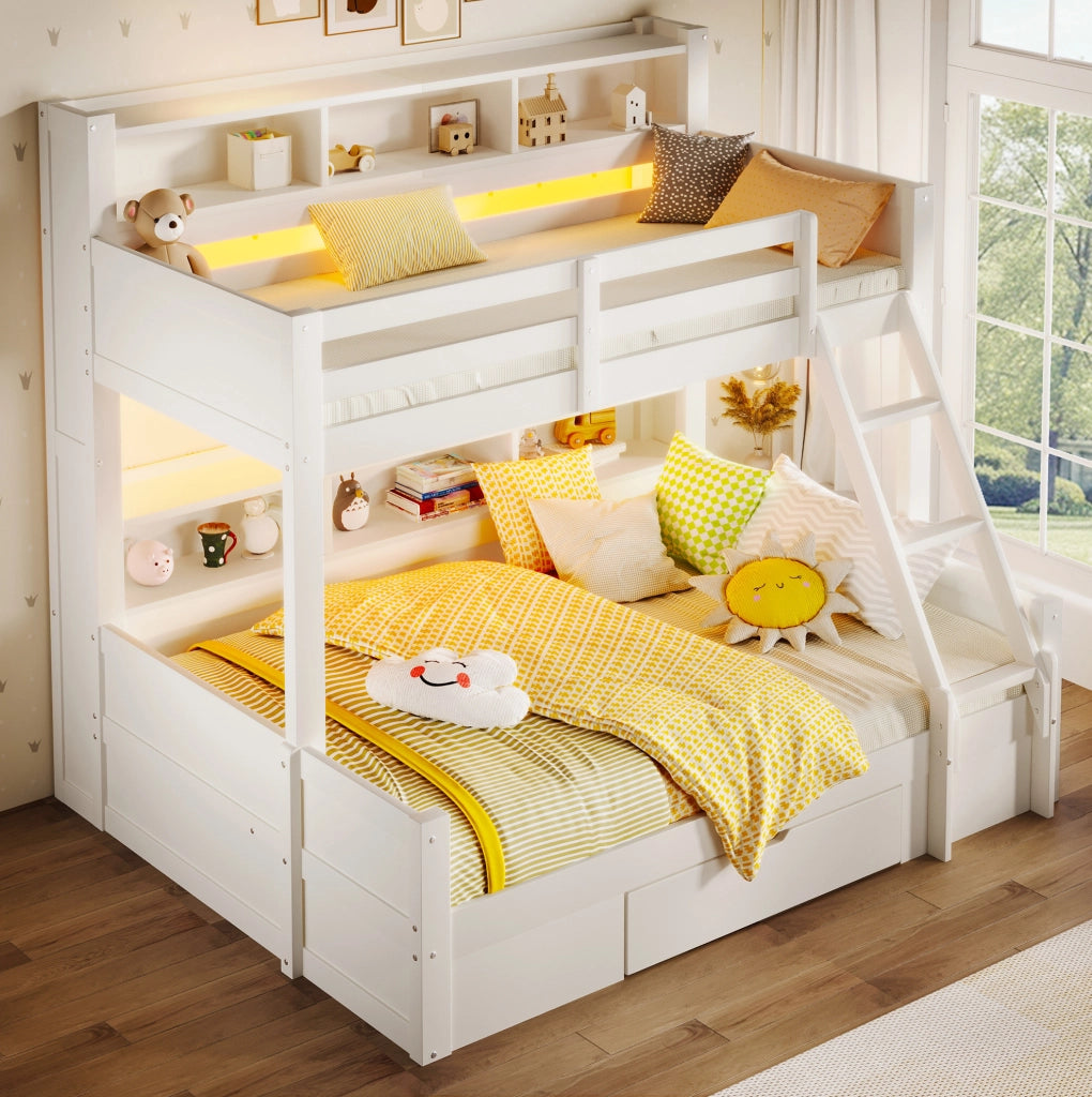 Letto a castello bianco 90x200/140x200 cm con LED e cassetto