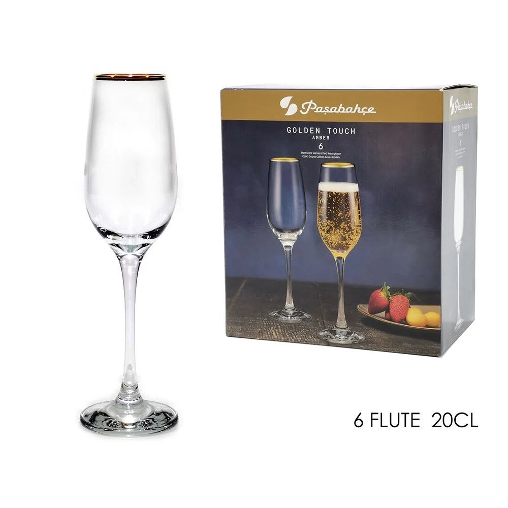 Trade Shop - Set Da 6 Calici Flute In Vetro Con Bordo Superiore Oro Da 20 Cl Per Spumante Champagne -