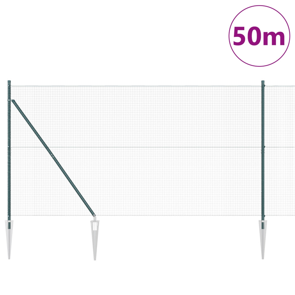 Recinzione in Rete Saldato con 13 Pali a Punta Verde 1.4x50 m Acciaio